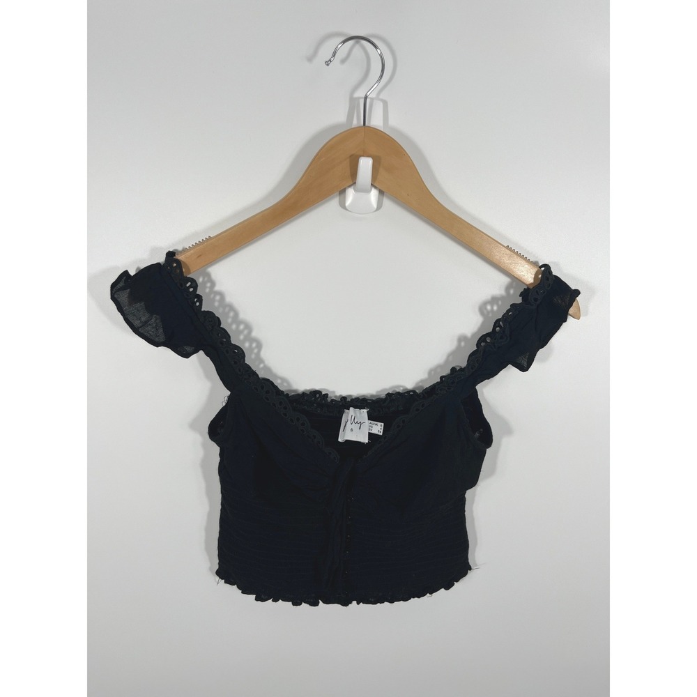Womens Babydoll Crop Top 4‎ Black Eyelet Ruffle Bow Boho Chic Cottage